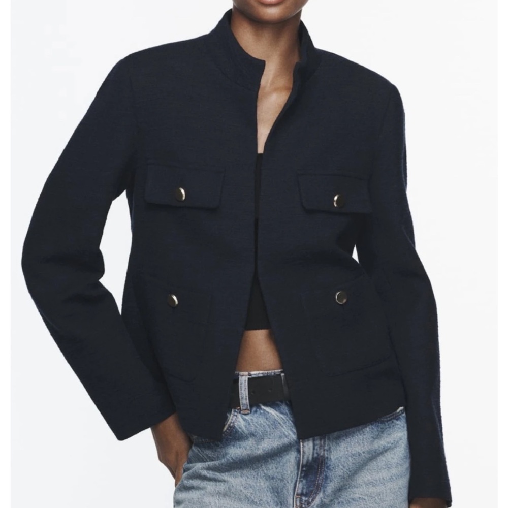 Zara Navy Textured Button Blazer Coat size Small